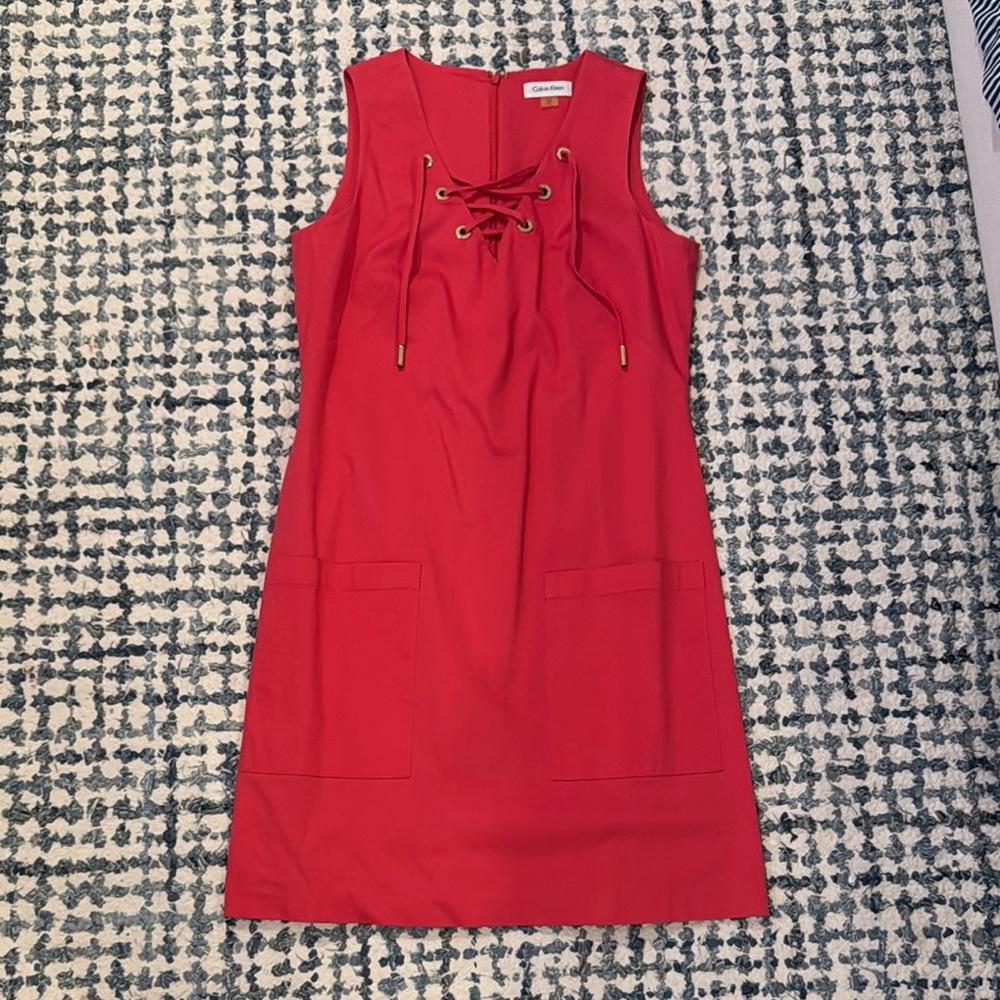 Calvin Klein Red/Pink Shift Dress Tie Front Sheath Dress